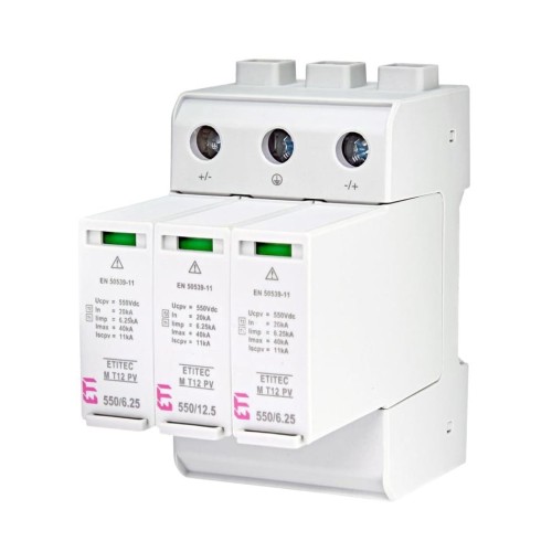 Túlfeszültség levezető PV DC Típus 1+2 (B+C) 1100V 3P 20kA 3,8kV ETITEC M 1100/12,5 Y 002440511 ETI GPV-401-38