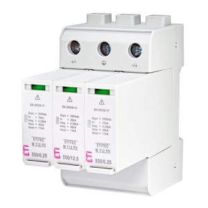 ETI Túlfeszültség-levezető PV DC Típus 1+2 (B+C osztály) 1100V 3P 65kA 3,8kV