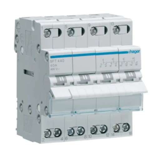 Moduláris telepítő kapcsoló I-0-II (1-0-2) közös pont fentről 4P 40A 400VAC SFT440 HAGER GPV-401-68